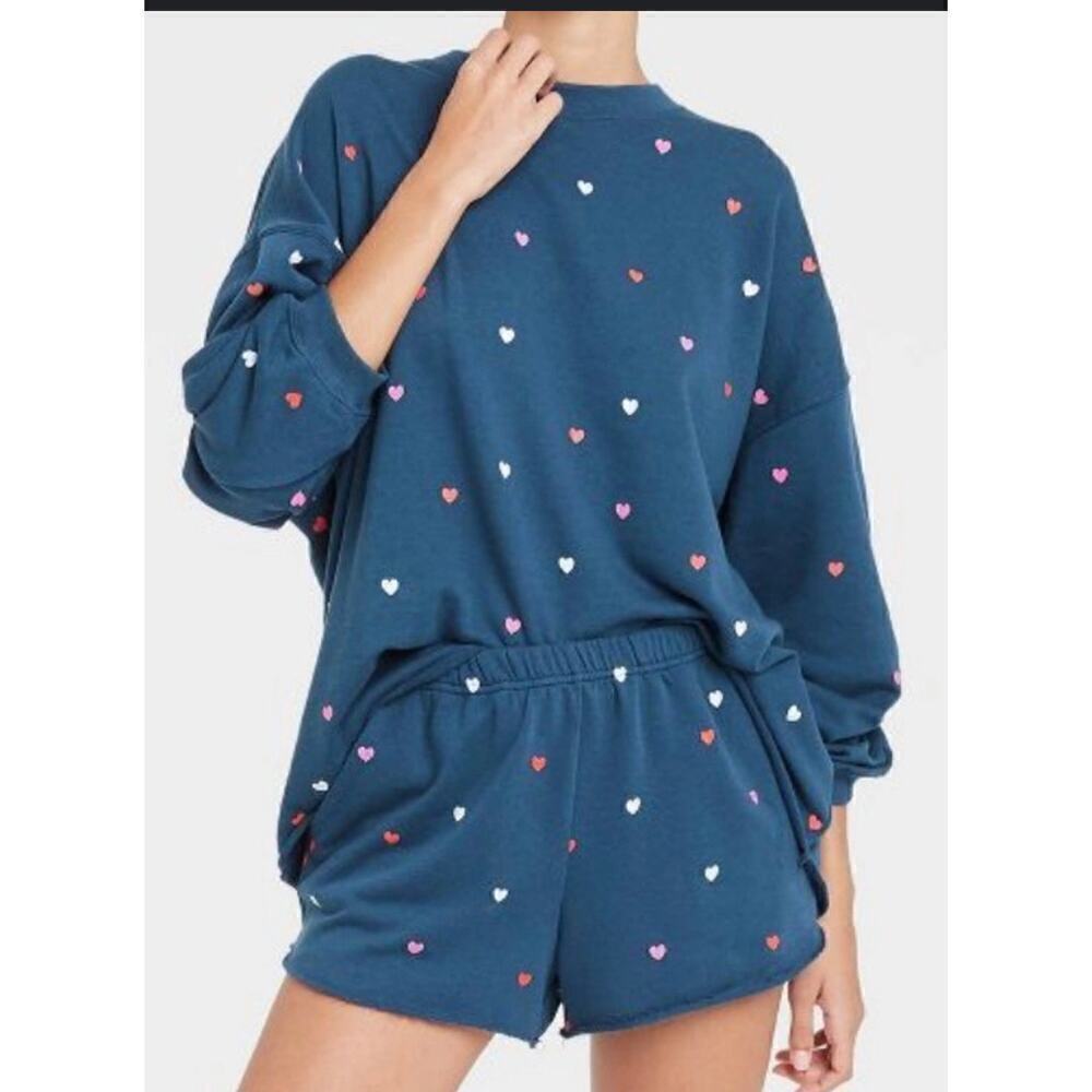 Mighty Fine Women's Long Sleeve Heart Dot Oversize Pullover Sweatshirt Sz M Blue